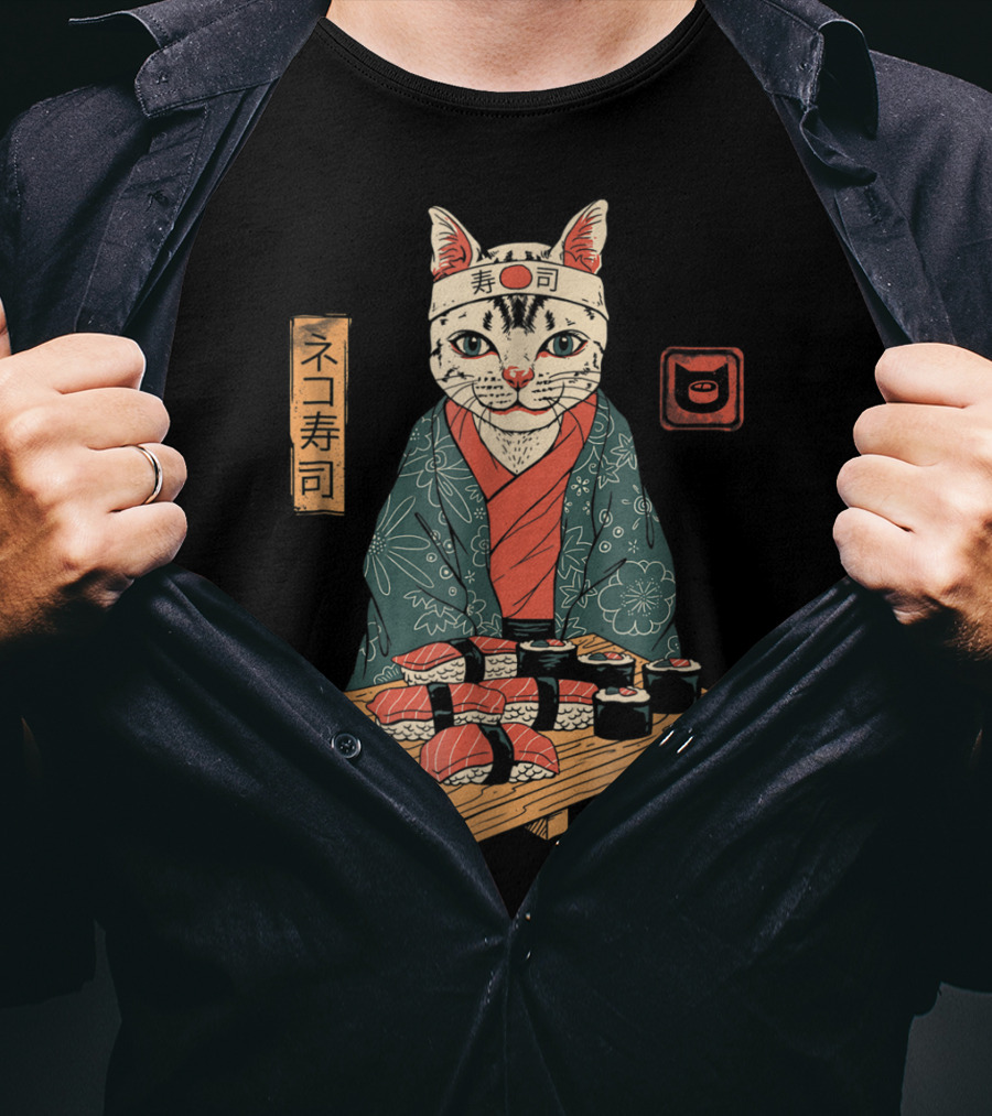 Neko Sushi Cat Chef In Kimono With Sushi Platter T-Shirt