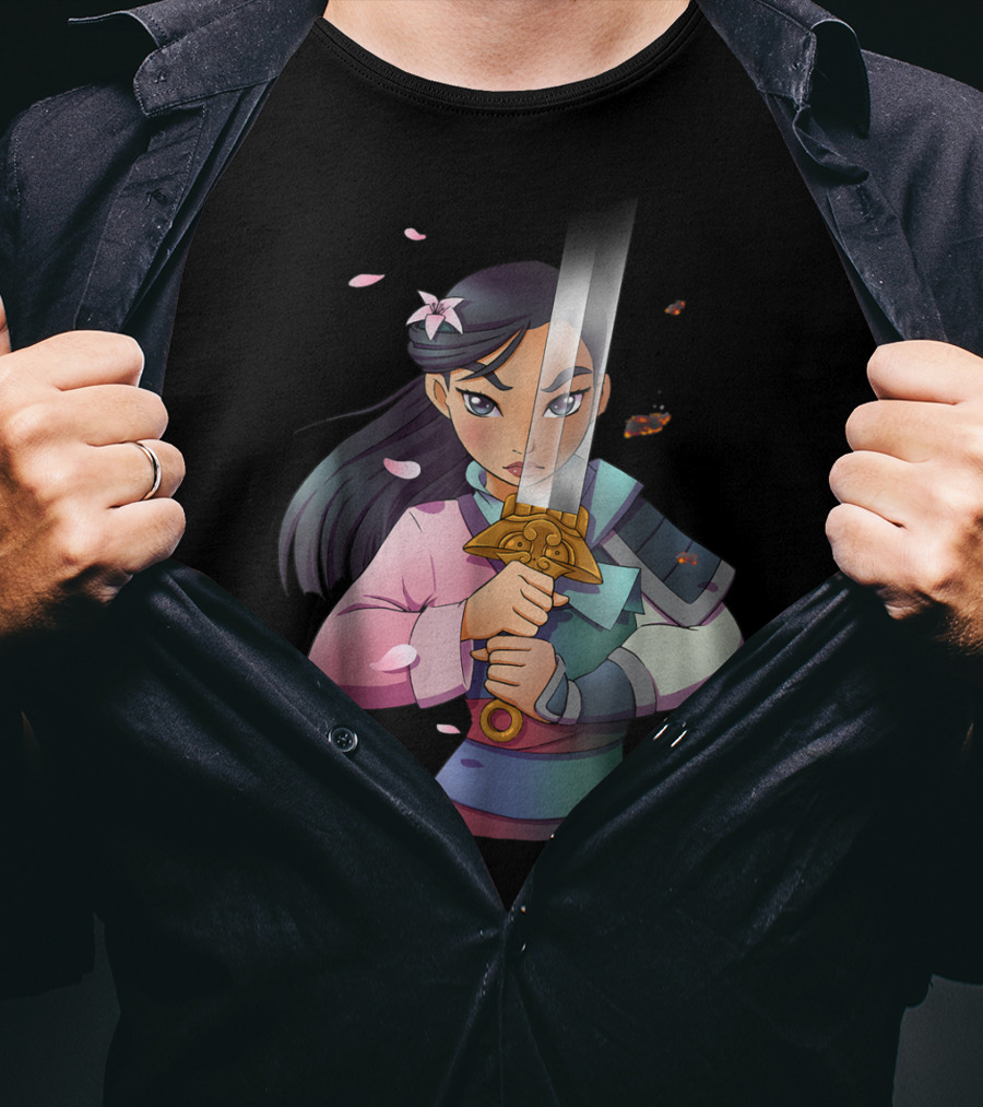 Disney Mulan Anime Half Girl Half Warrior Sword Blossoms T-Shirt