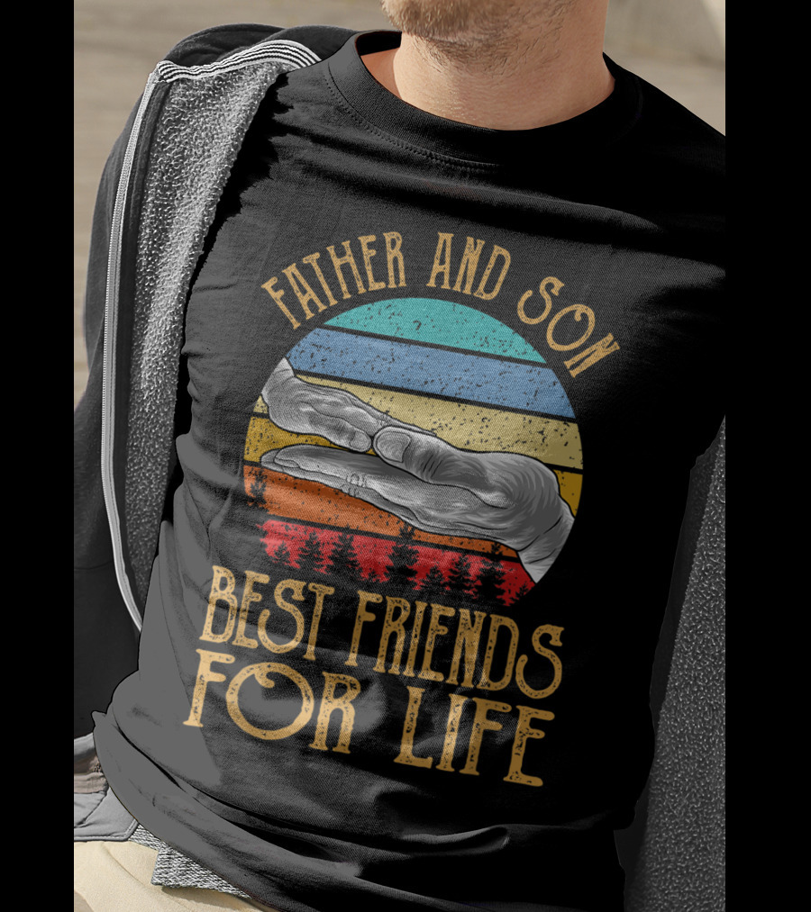 Father And Son Best Friends For Life Vintage Hands Retro Stripes T-Shirt