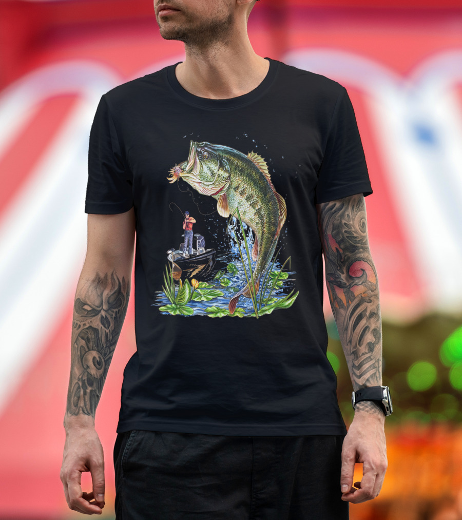 Fishing Large Mouth Bass Catching Scene With Angler And Boat T-Shirt