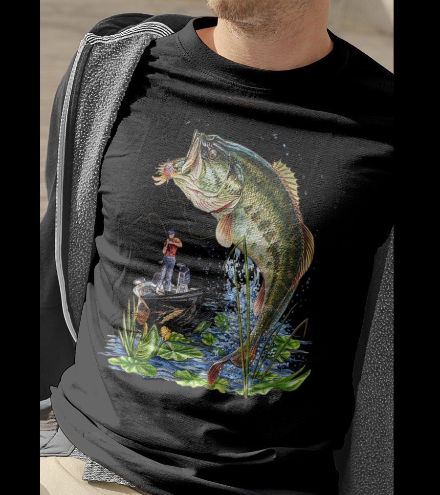 Fishing Large Mouth Bass Catching Scene With Angler And Boat T-Shirt