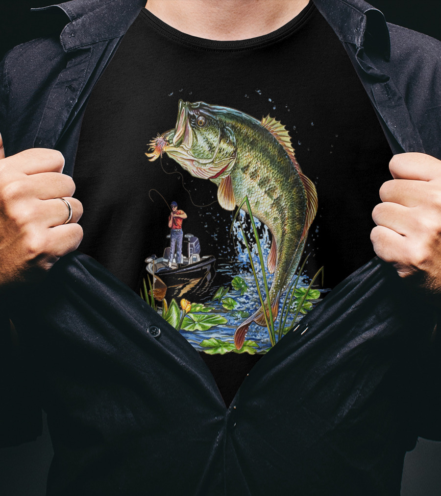 Fishing Large Mouth Bass Catching Scene With Angler And Boat T-Shirt