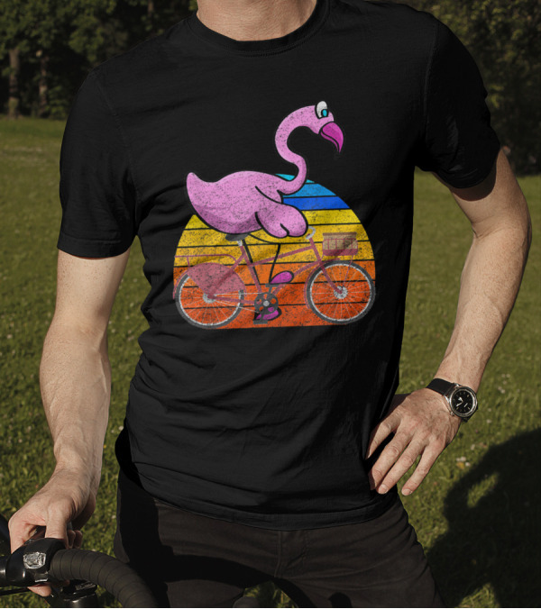 Flamingo Riding Bicycle Funny Retro Sunset T-Shirt