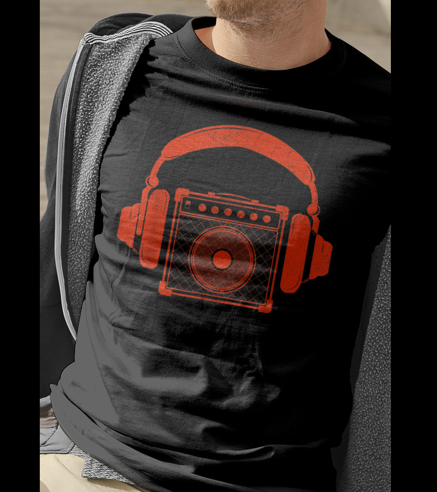 Red Headphones Over Speakerbox Music Lovers Novelty T-Shirt