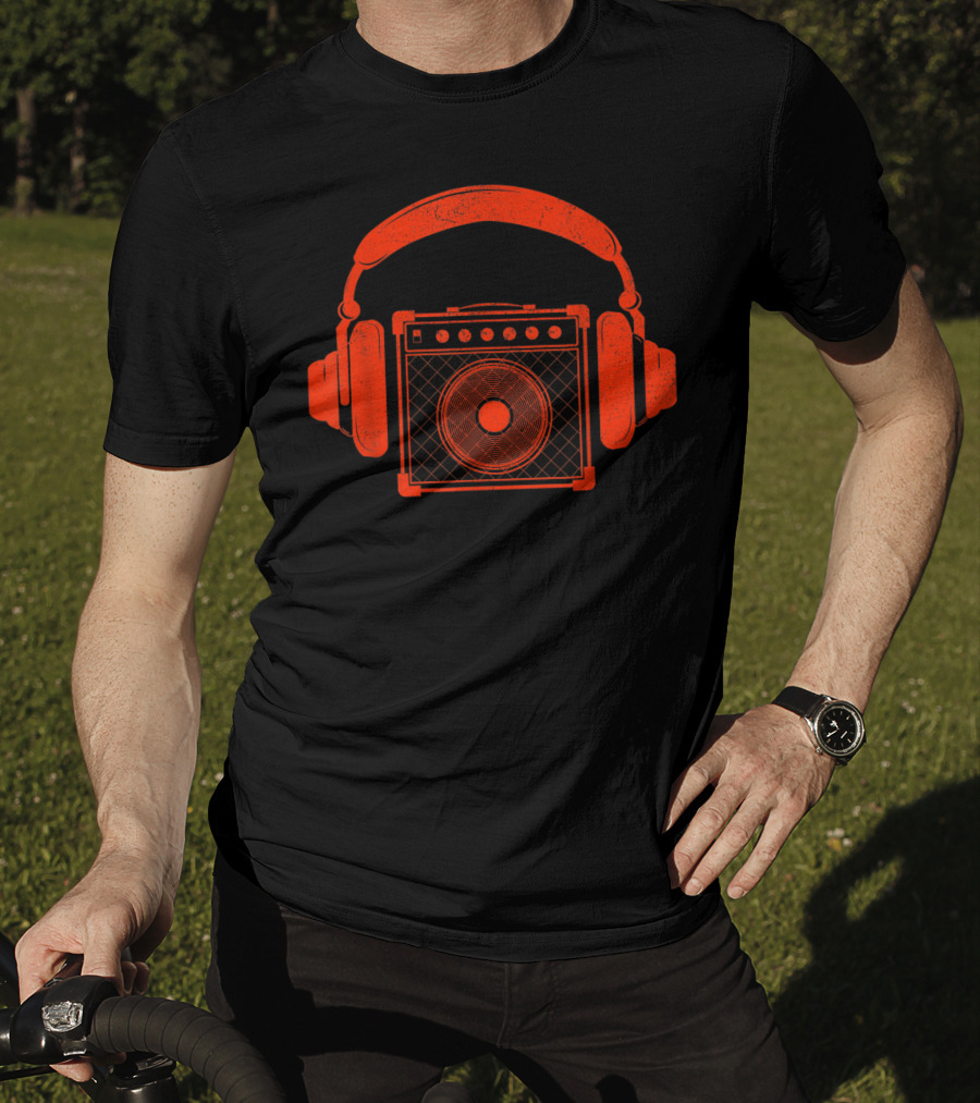 Red Headphones Over Speakerbox Music Lovers Novelty T-Shirt