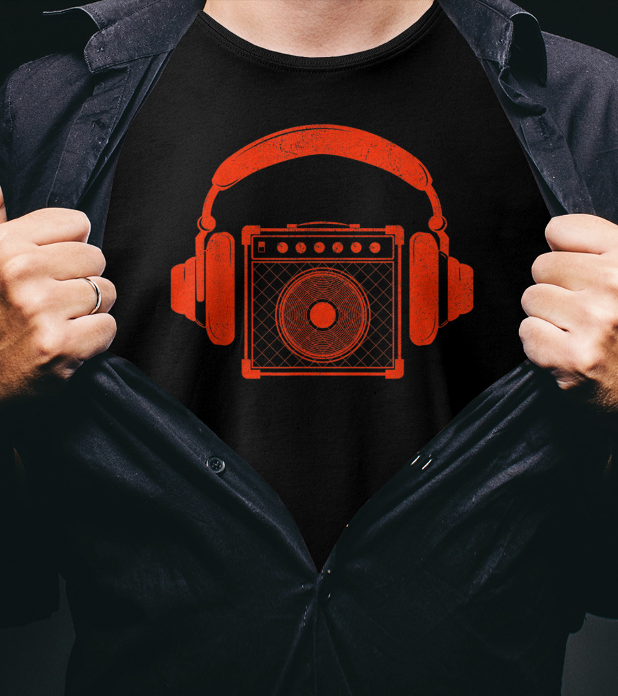 Red Headphones Over Speakerbox Music Lovers Novelty T-Shirt