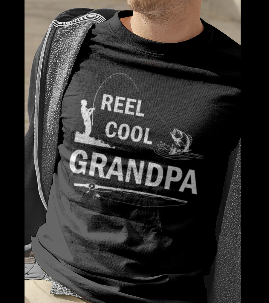 Reel Cool Grandpa Fishing Silhouette With Rod And Fish T-Shirt