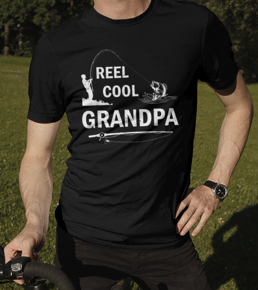 Reel Cool Grandpa Fishing Silhouette With Rod And Fish T-Shirt
