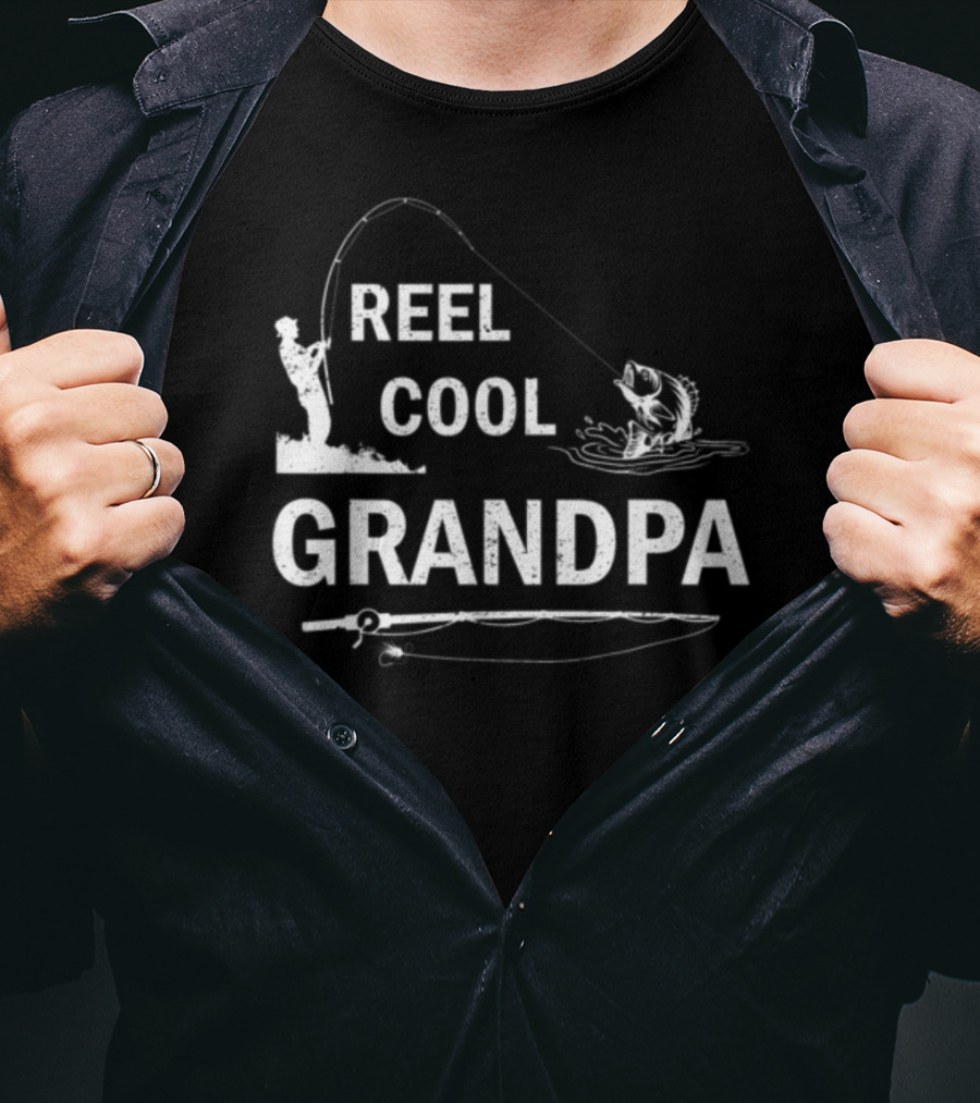 Reel Cool Grandpa Fishing Silhouette With Rod And Fish T-Shirt