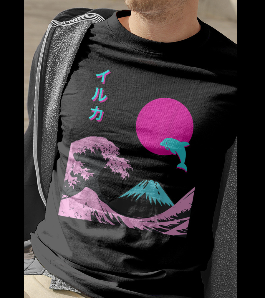 Retro Aesthetic Iruka Dolphin With Japanese Writing And Mount Fuji In Neon Colors T-Shirt
