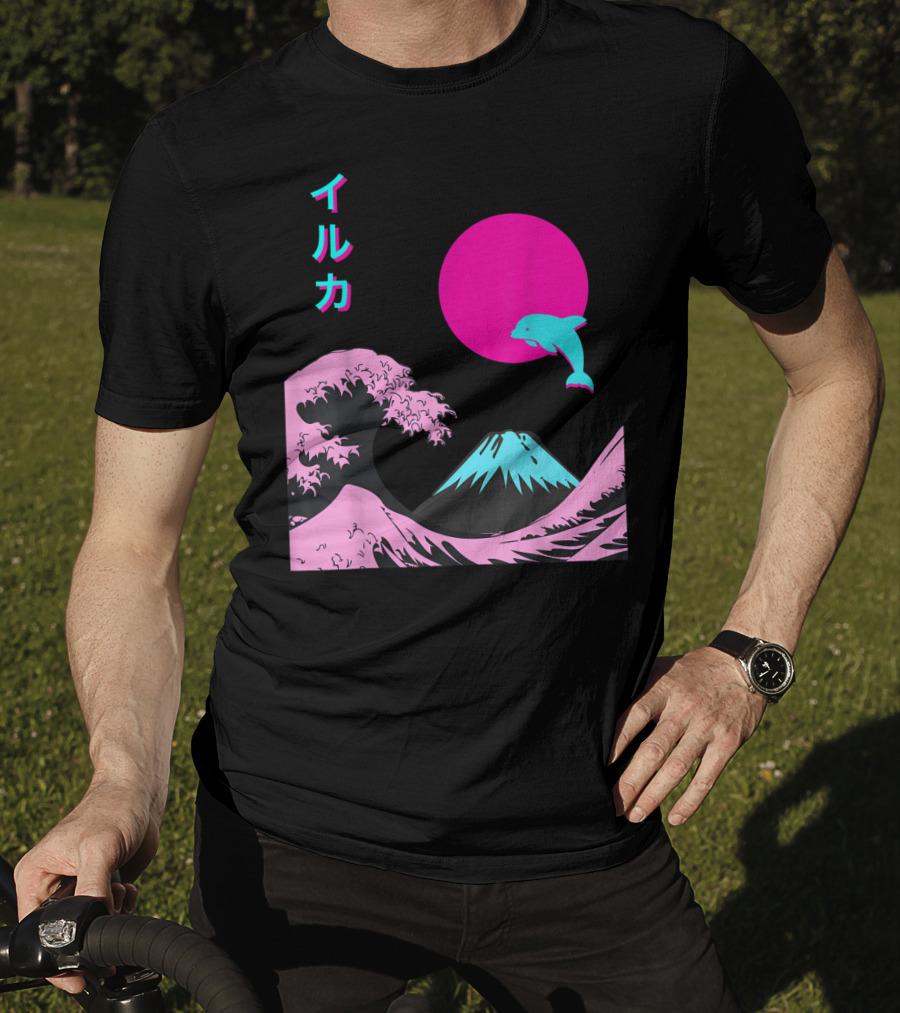 Retro Aesthetic Iruka Dolphin With Japanese Writing And Mount Fuji In Neon Colors T-Shirt