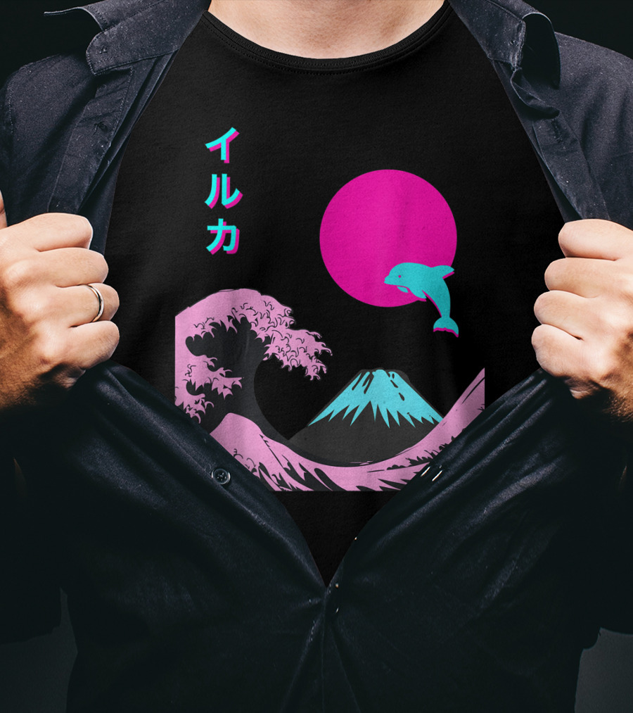 Retro Aesthetic Iruka Dolphin With Japanese Writing And Mount Fuji In Neon Colors T-Shirt