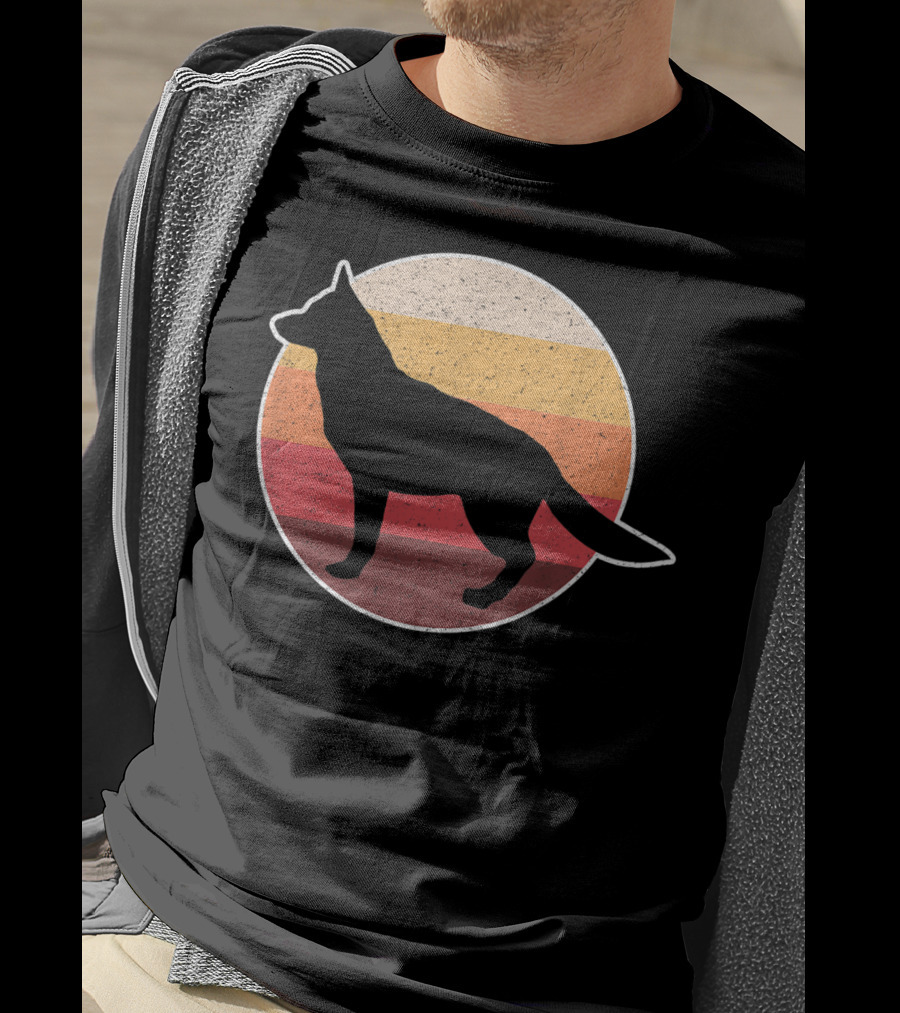 Vintage German Shepherd Silhouette With Retro Sunset Stripes T-Shirt