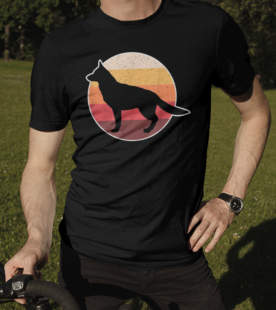 Vintage German Shepherd Silhouette With Retro Sunset Stripes T-Shirt