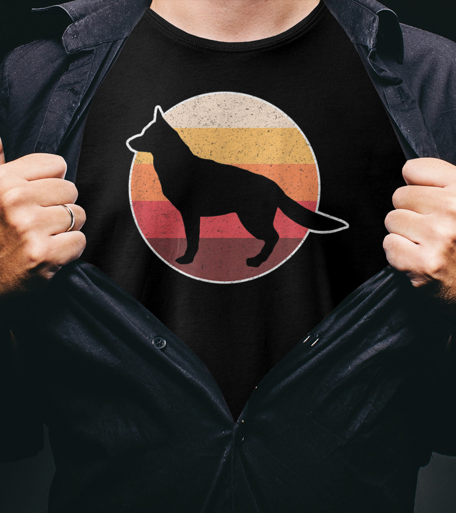 Vintage German Shepherd Silhouette With Retro Sunset Stripes T-Shirt