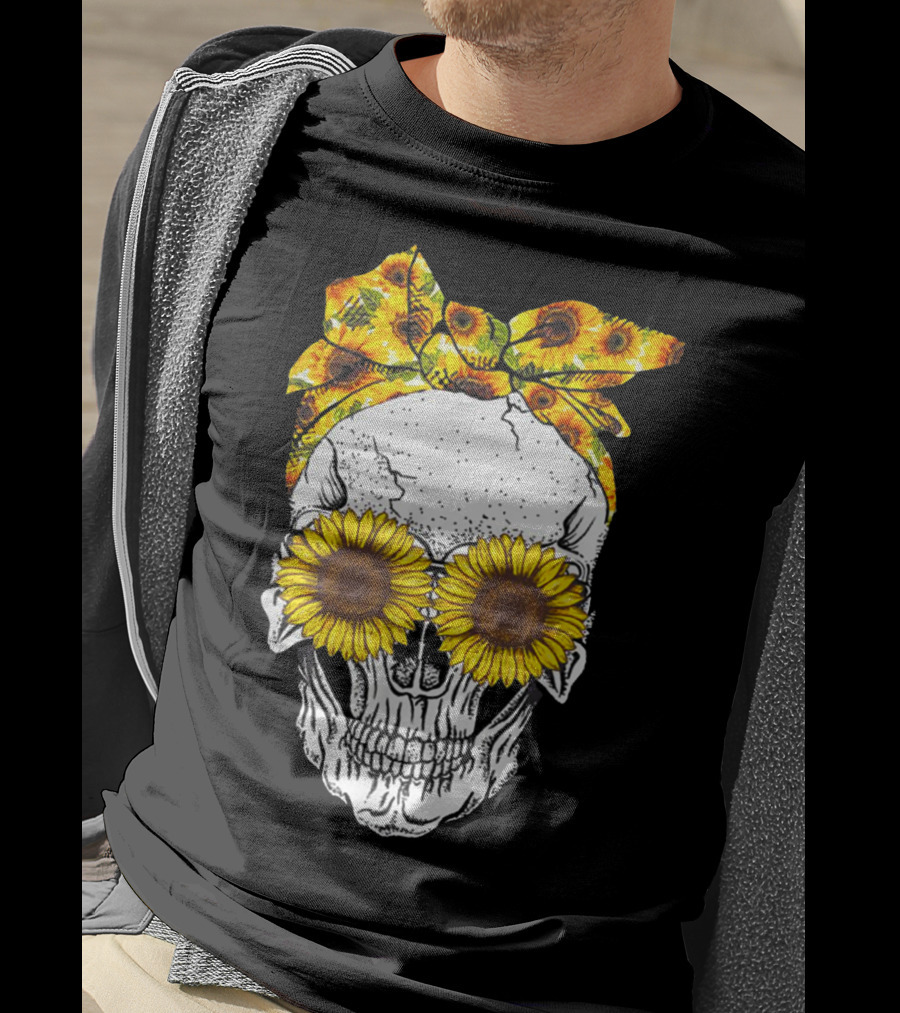 Skull With Sunflower Glasses And Floral Headband T-Shirt