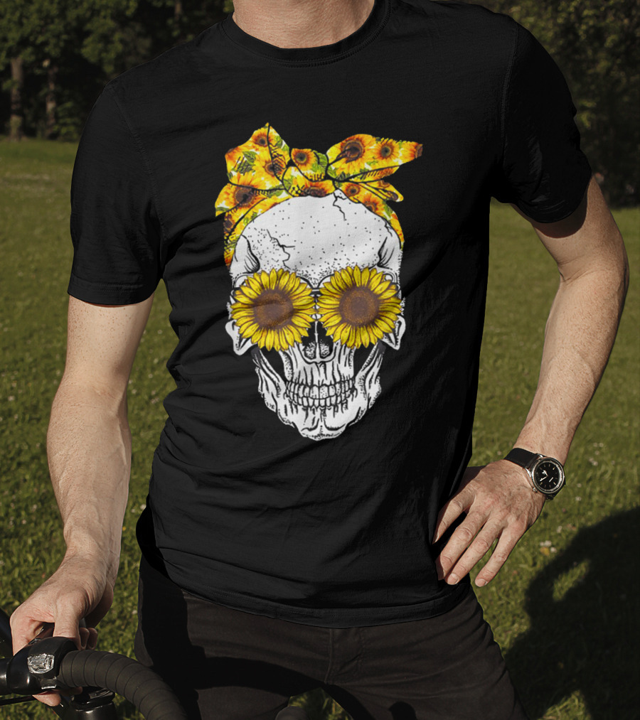 Skull With Sunflower Glasses And Floral Headband T-Shirt
