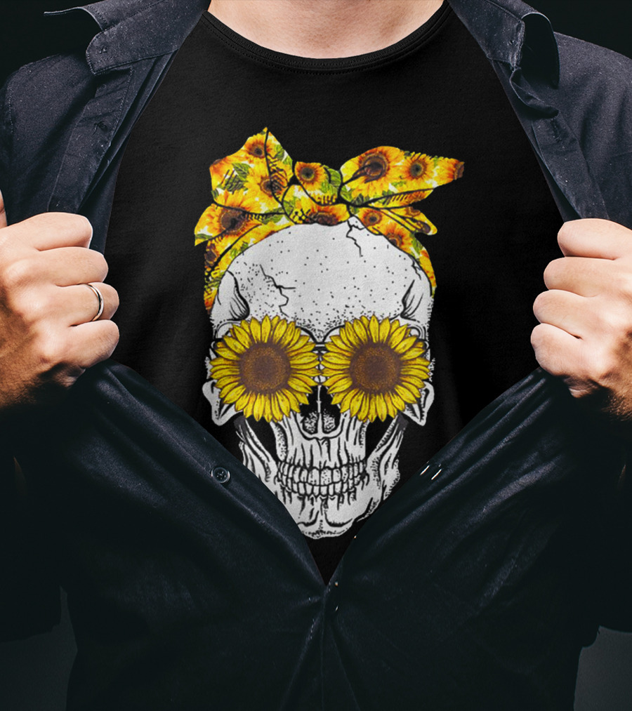 Skull With Sunflower Glasses And Floral Headband T-Shirt