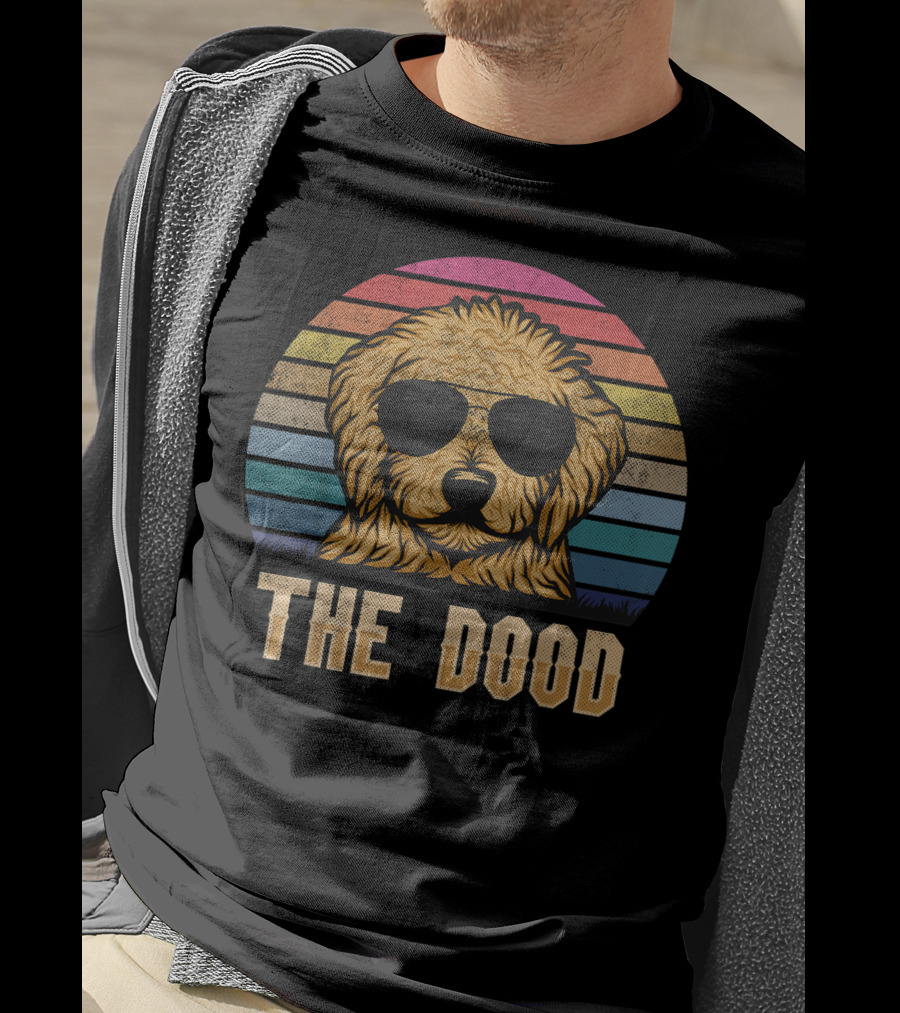 Retro Vintage Goldendoodle The Dood Dad Sunglasses Rainbow Stripes T-Shirt