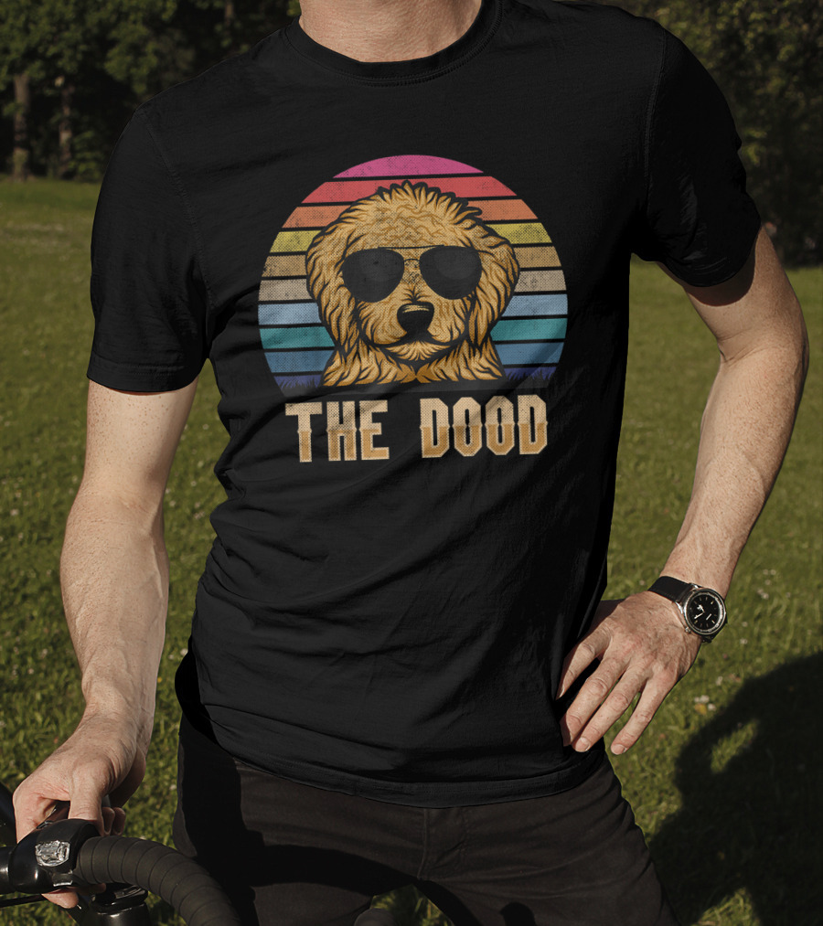 Retro Vintage Goldendoodle The Dood Dad Sunglasses Rainbow Stripes T-Shirt