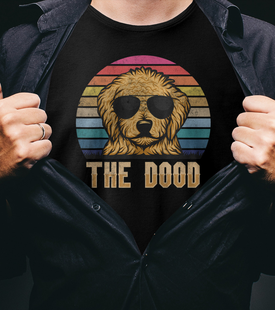 Retro Vintage Goldendoodle The Dood Dad Sunglasses Rainbow Stripes T-Shirt