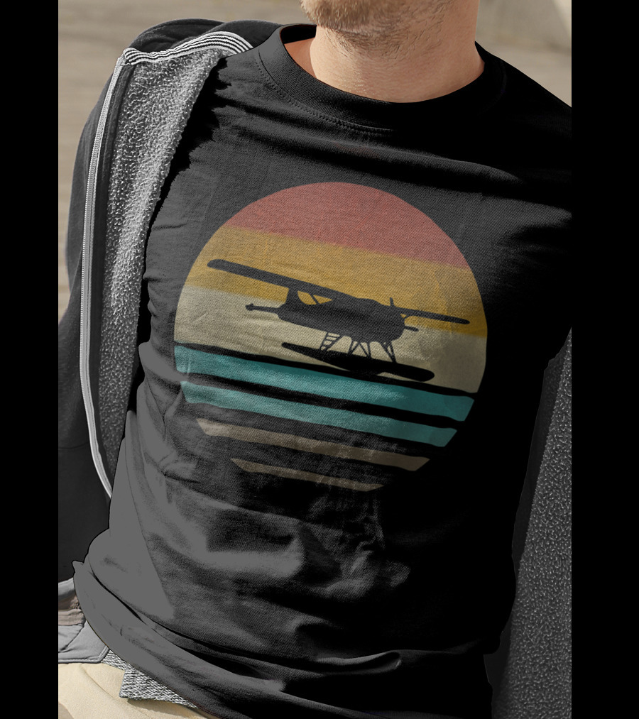 Retro Vintage Seaplane Silhouette In Sunset Stripe Circle T-Shirt