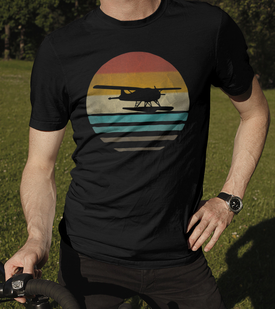 Retro Vintage Seaplane Silhouette In Sunset Stripe Circle T-Shirt