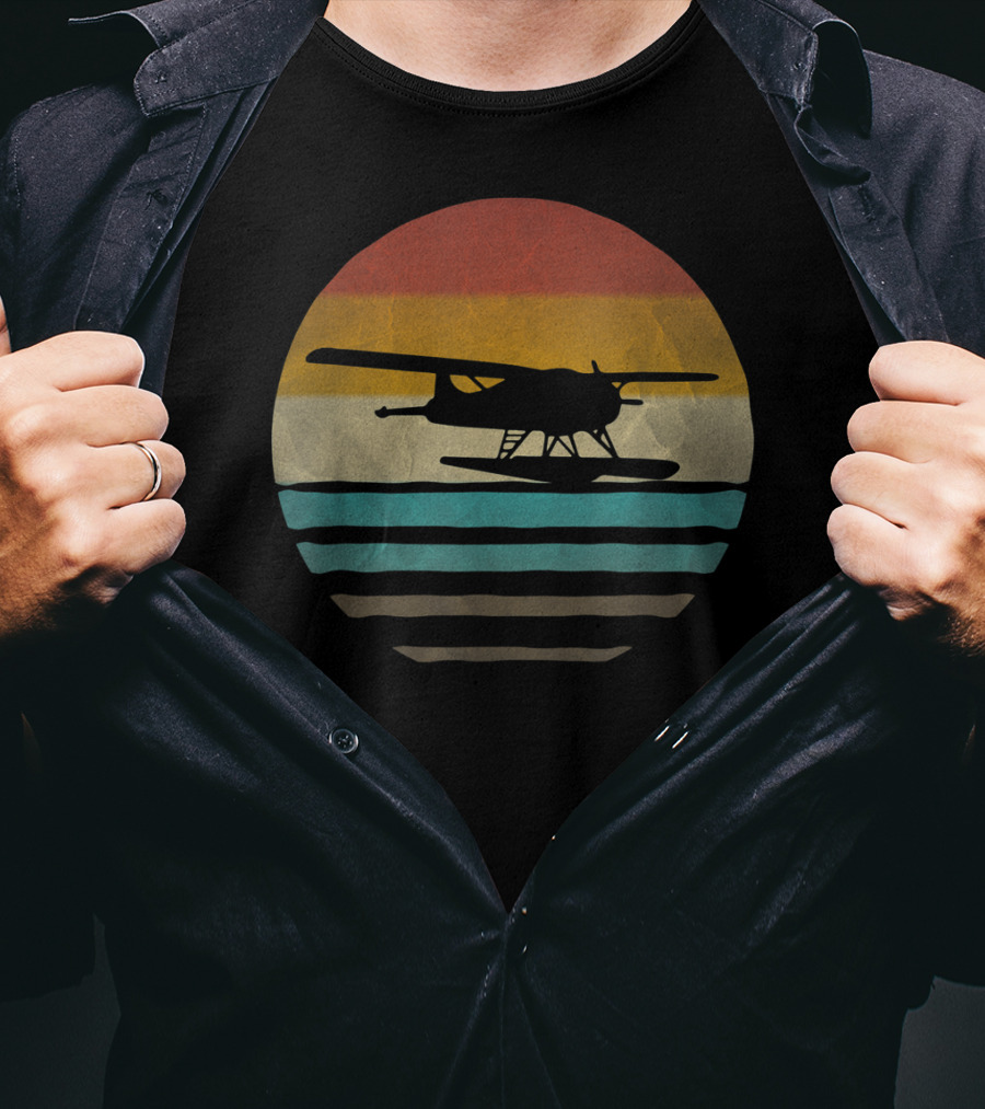 Retro Vintage Seaplane Silhouette In Sunset Stripe Circle T-Shirt