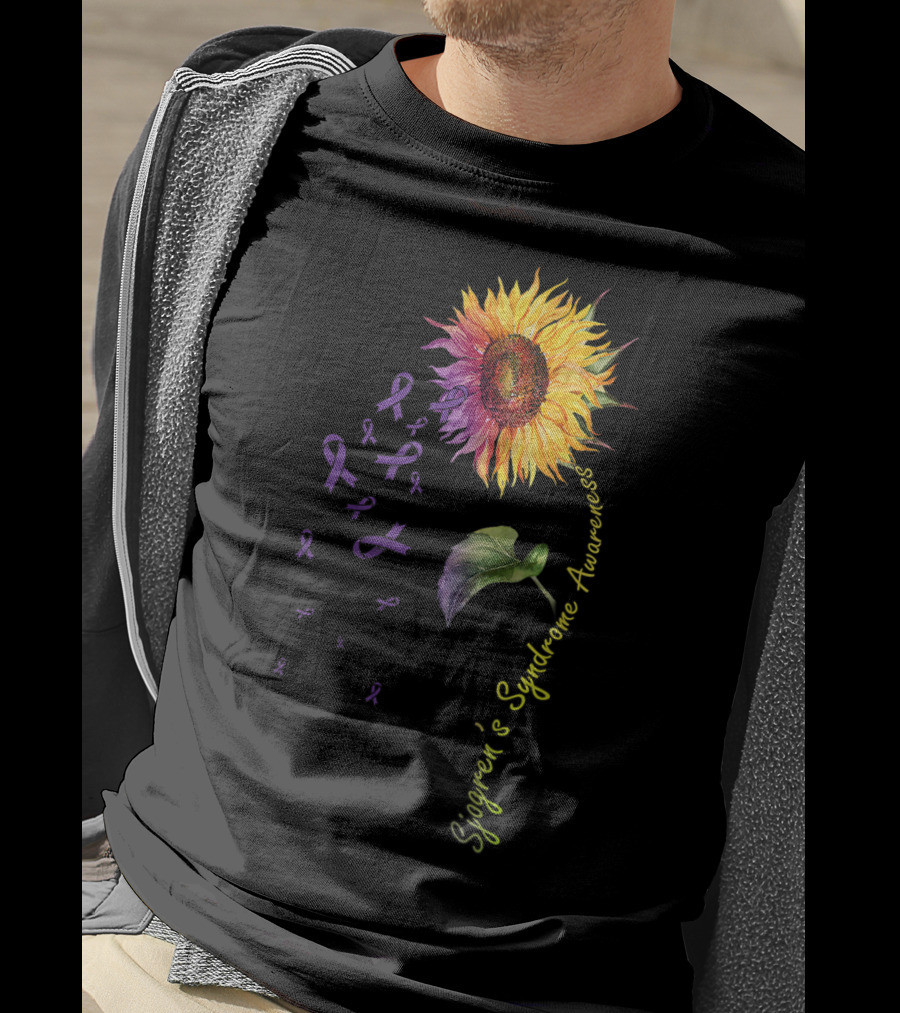 Sjogren's Syndrome Awareness Sunflower With Purple Ribbons T-Shirt