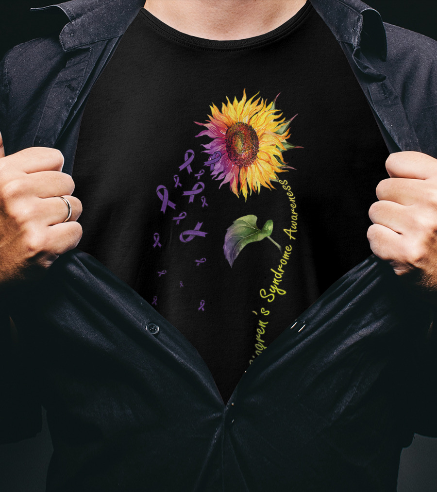 Sjogren's Syndrome Awareness Sunflower With Purple Ribbons T-Shirt