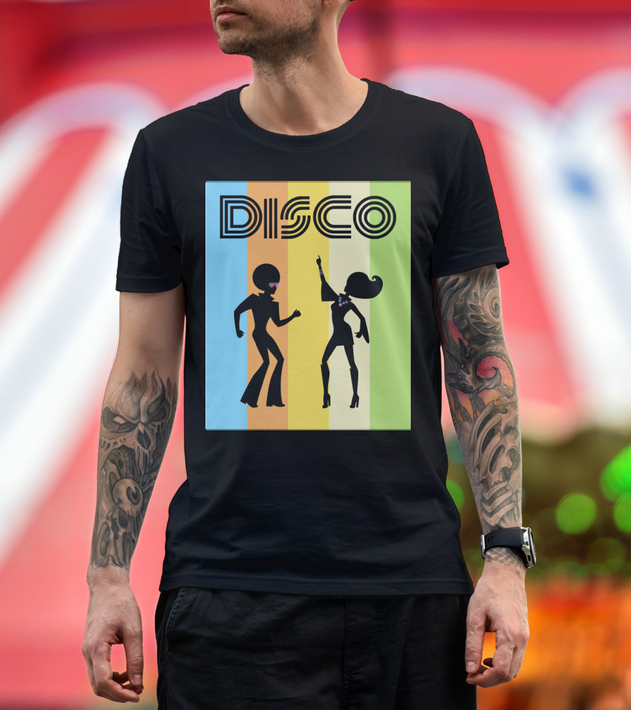 Disco Dancing 70s Disco Dancer with Silhouette and Retro Stripes T-Shirt