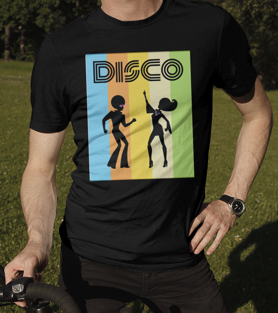 Disco Dancing 70s Disco Dancer With Silhouette And Retro Stripes T-Shirt