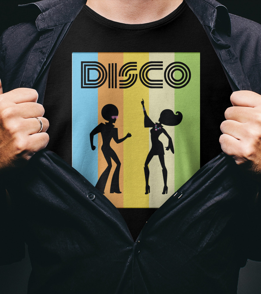 Disco Dancing 70s Disco Dancer With Silhouette And Retro Stripes T-Shirt