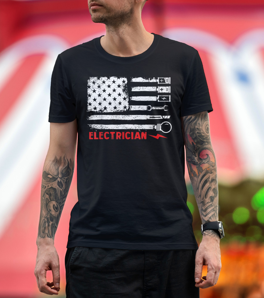 American Flag Electrician with Tools and Symbols T-Shirt