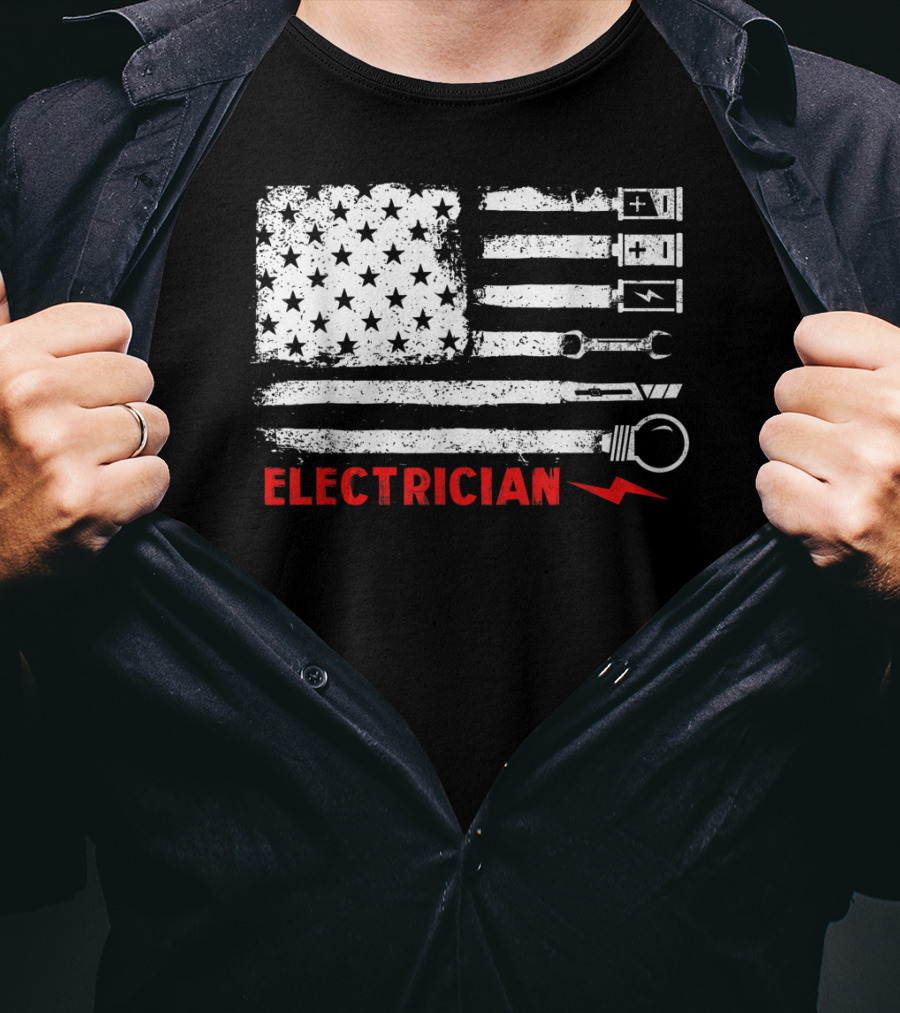 American Flag Electrician With Tools And Symbols T-Shirt