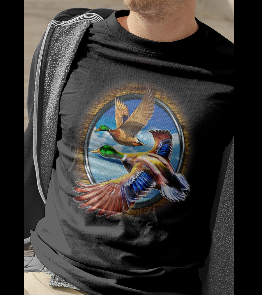 Flying Duck Hunting Scene With Colorful Ducks In Motion T-Shirt