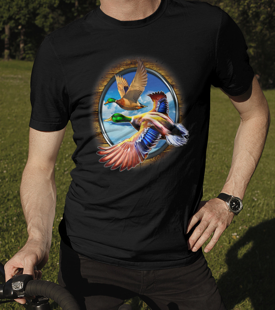 Flying Duck Hunting Scene With Colorful Ducks In Motion T-Shirt