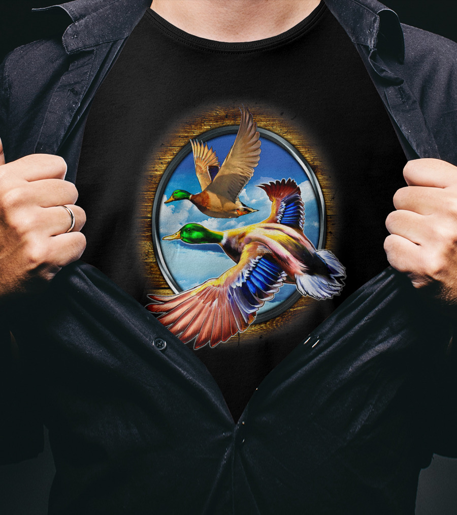 Flying Duck Hunting Scene With Colorful Ducks In Motion T-Shirt