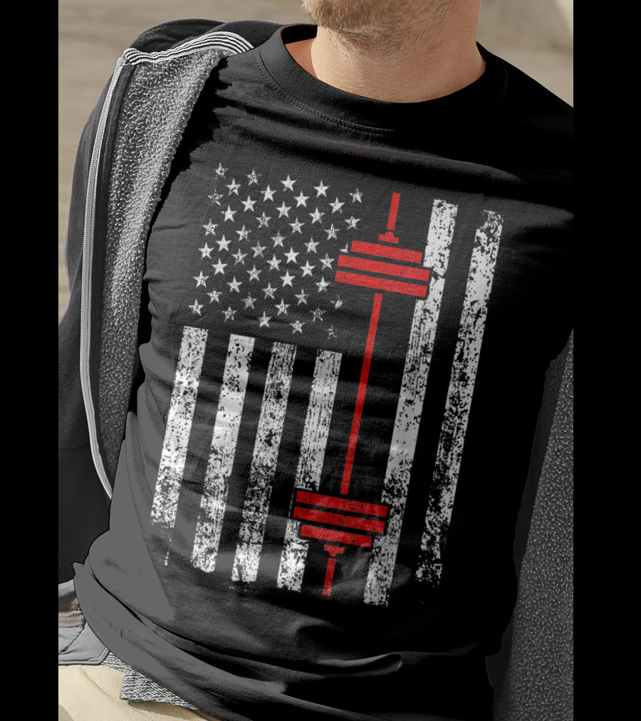 American Flag Barbell Weightlifting Fitness Strength T-Shirt