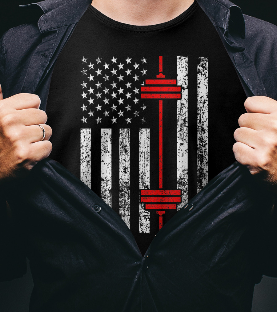 American Flag Barbell Weightlifting Fitness Strength T-Shirt