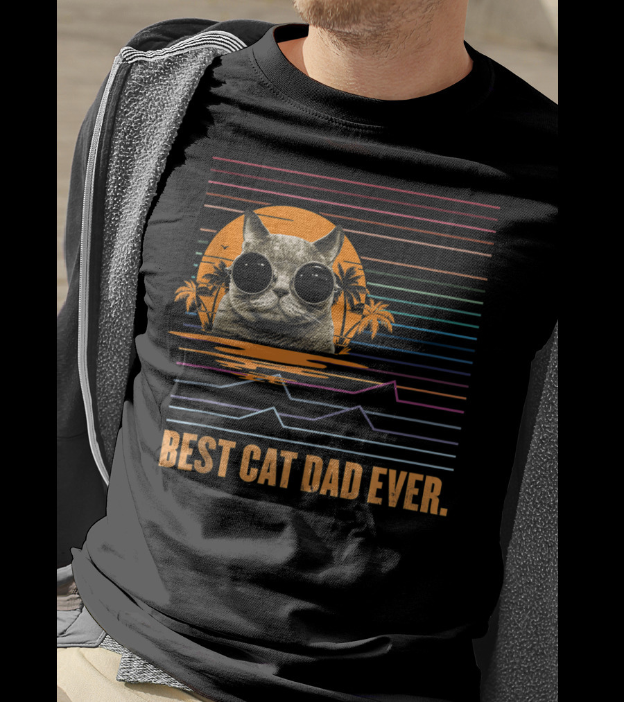 Best Cat Dad Ever Retro Sunset Cat With Sunglasses And Palm Trees T-Shirt