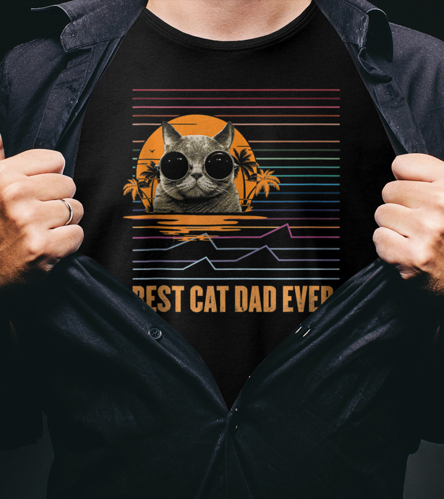 Best Cat Dad Ever Retro Sunset Cat With Sunglasses And Palm Trees T-Shirt