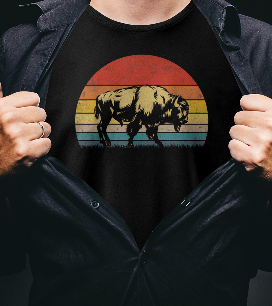 Buffalo Bison Sunset Vintage 70s Natur Retro Stripes T-Shirt