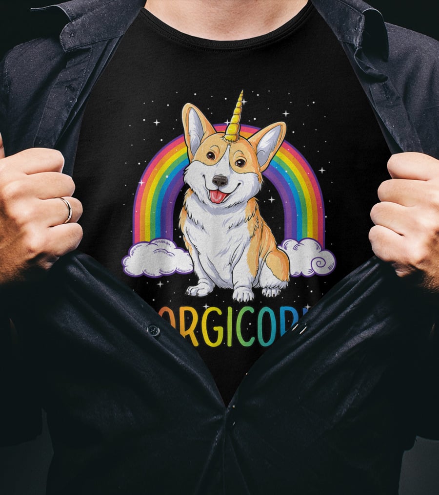 Corgicorn Corgi Unicorn Rainbow Galaxy Stars Clouds T-Shirt