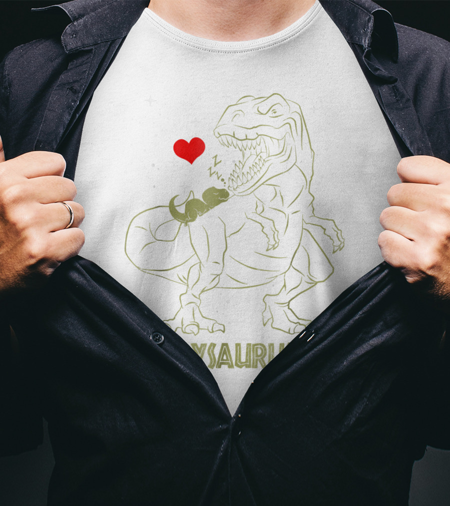 Daddysaurus Rex Dinosaur Daddy Sau With Heart And Sleeping Baby Dinosaur T-Shirt