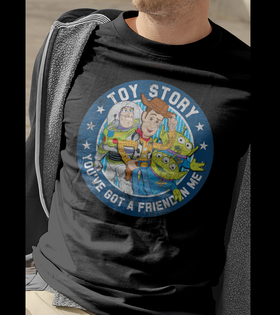 Toy Story You've Got A Friend In Me Buzz Woody Aliens Circle Blue Stars T-Shirt
