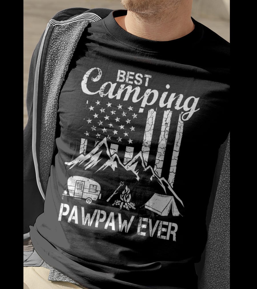 Best Camping Pawpaw Ever Mountains Flag Tent Camper Fire Father's Day T-Shirt