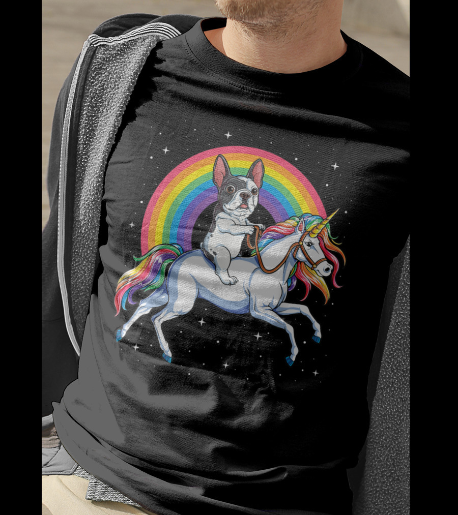 French Bulldog Riding Rainbow Unicorn In Space Galaxy T-Shirt