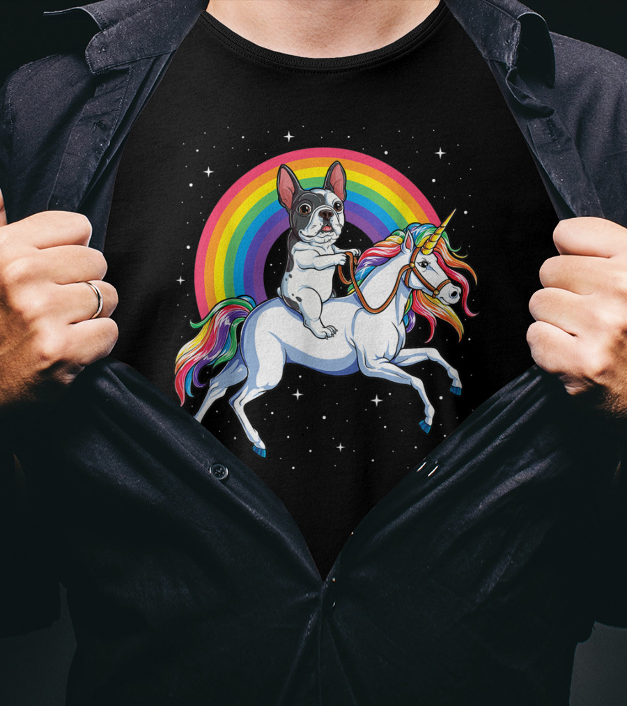 French Bulldog Riding Rainbow Unicorn In Space Galaxy T-Shirt