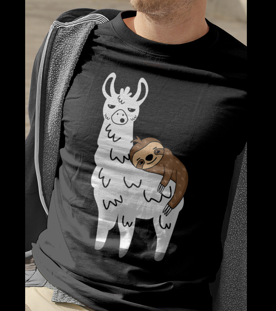 Funny Fluffy Sloth Hugging A Llama T-Shirt